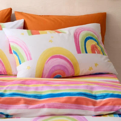 Dunelm Watercolour Rainbow 100% Cotton Reversible Duvet Cover and Pillowcase Set
