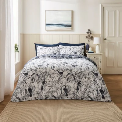Dunelm Leela Tropical Birds Blue 100% Cotton Reversible Duvet Cover and Pillowcase Set Navy Blue/White