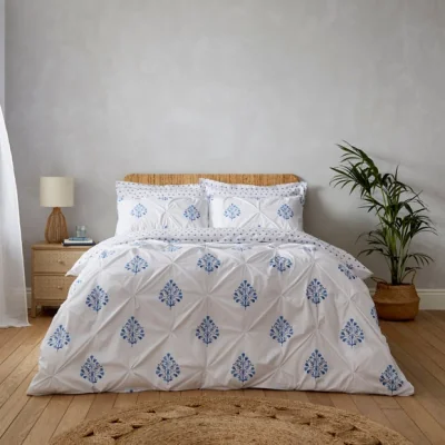 Dunelm Kamala Pintuck Blue Duvet Cover and Pillowcase Set Blue