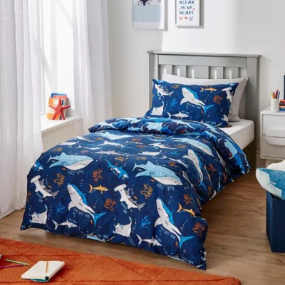 Dunelm Swimming Sharks Duvet Cover and Pillowcase Set MultiColoured