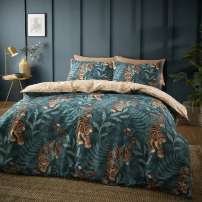 Dunelm Catherine Lansfield Tropic Tiger Leaf Reversible Green Duvet Cover & Pillowcase Set Green