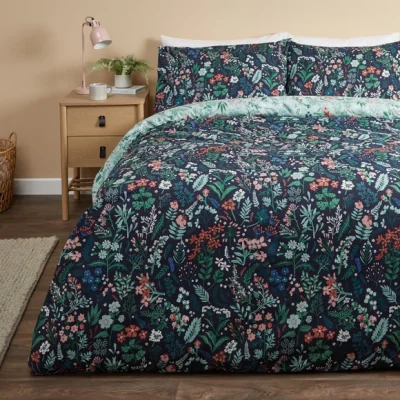 Dunelm Elena Floral Navy Duvet Cover and Pillowcase Set Navy Blue/Green/Light Blue