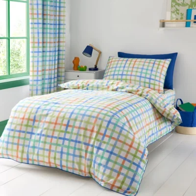 Dunelm Blue Piped Multi Check 100% Cotton Quilt Cover & Pillowcase Set
