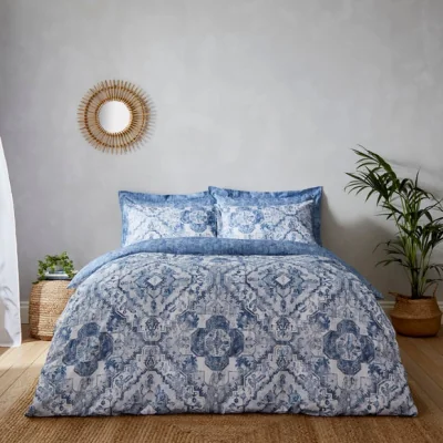 Dunelm Amara Global Blue Duvet Cover and Pillowcase Set Blue