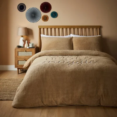 Dunelm Embroidered Snuggle Duvet Cover and Pillowcase Set Natural