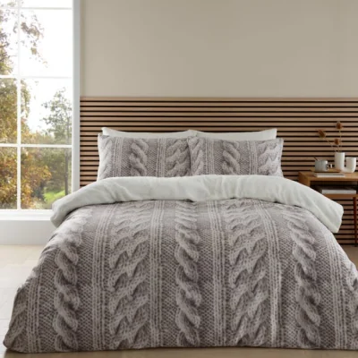 Dunelm Catherine Lansfield Cosy Cable Knit Fleece Duvet Cover & Pillowcase Set Natural