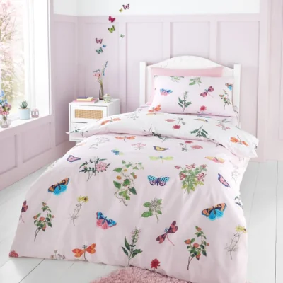 Dunelm RHS Butterfly Garden Pink Reversible Duvet Cover and Pillowcase Set Pink