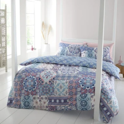 Dunelm Catherine Lansfield Boho Patchwork Reversible Blue Duvet Cover & Pillowcase Set Blue