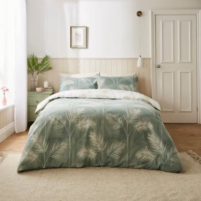 Dunelm Priya Palm Green 100% Cotton Duvet Cover and Pillowcase Set Green/White