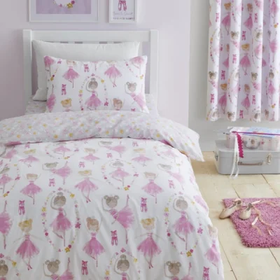 Dunelm Ballet Dancer Pink Reversible Duvet Cover & Pillowcase Set Pink
