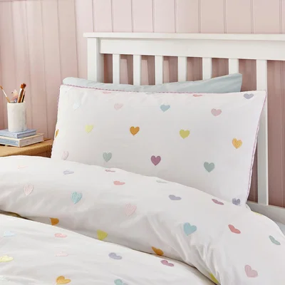 Dunelm Embroidered Hearts Single Duvet Cover and Pillowcase Set White