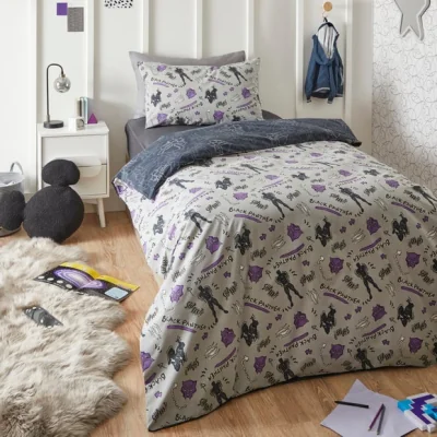 Dunelm Marvel Black Panther 100% Cotton Duvet Cover and Pillowcase Set Grey/Purple