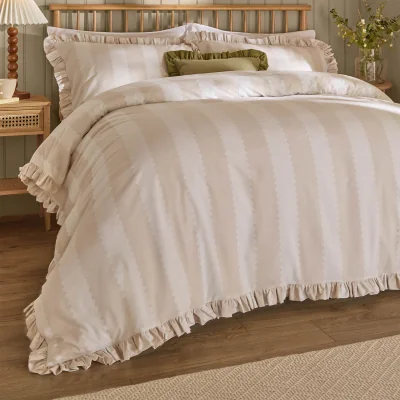 French Bedroom Birdie Stripe Bed Linen Set in Oat & Milk (Extra Pair of Pillowcases)