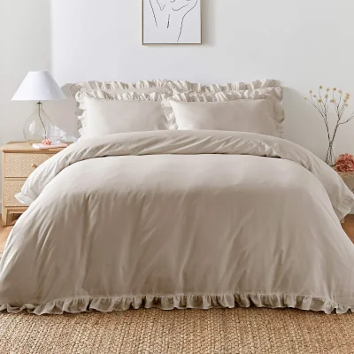 French Bedroom Romance Ruffle Cotton Bed Linen Set in Oatmeal (Double Set)
