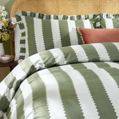 French Bedroom Birdie Stripe Bed Linen in Matcha & Mint (King Set)