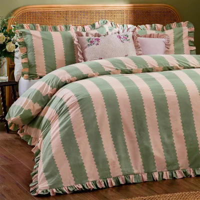 French Bedroom Birdie Stripe Bed Linen in Pistachio & Petal (Pair of Pillowcases)