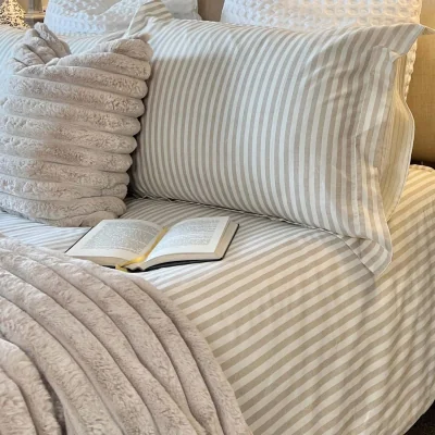 French Bedroom Petit Breton Stripe Bed Linen Set in Sand (Superking Set)
