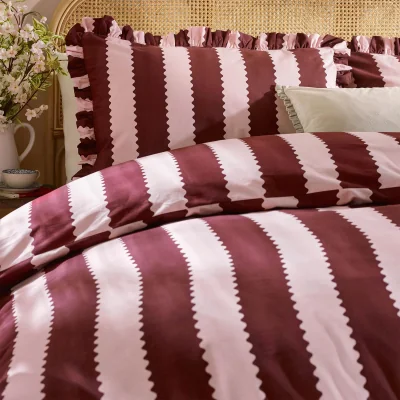 French Bedroom Birdie Stripe Bed Linen in Raspberry Ripple (Superking Set)
