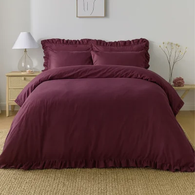 French Bedroom Romance Ruffle Bed Linen Set in Berry Red (Superking Set)