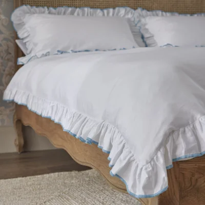 French Bedroom Provence Ruffle 400TC Bed Linen Full Set, in French Blue (Superking Set)