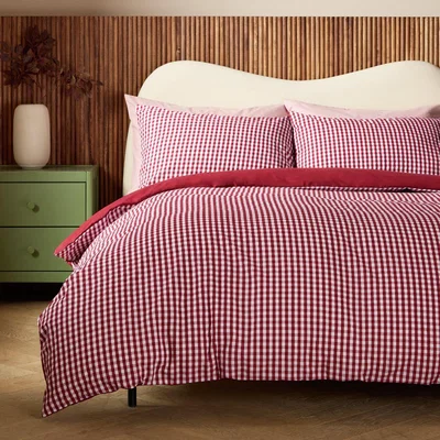 Habitat Habitat Gingham Seersucker Burgundy Bedding Set-Superking