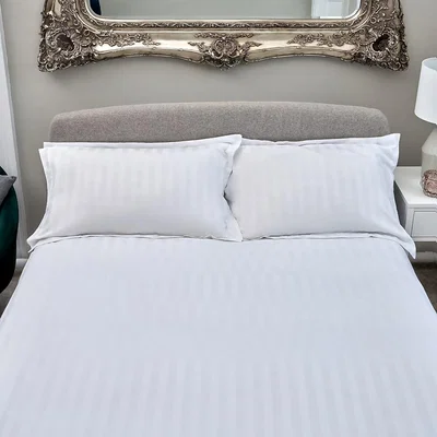 Homebase The Willow Manor Egyptian Cotton Sateen 300 Thread Count Double Duvet Set Woven Stripe - Glacier White