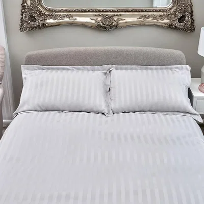 Homebase The Willow Manor Egyptian Cotton Sateen 300 Thread Count Double Duvet Set Woven Stripe - Pearl Grey