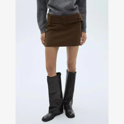 John Lewis Mango Quilt Wool Blend Belted Mini Skirt, Khaki
