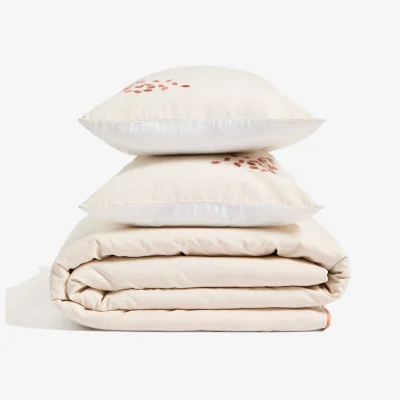 Kave Home Virelda duvet cover and pillowcase set in beige cotton and linen with embroidered detail for 150cm bed