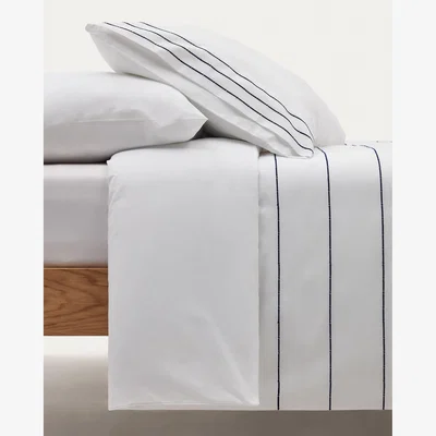 Kave Home Cintia cotton percale duvet cover and pillowcase in white with striped embroidery, 180 x 200cm