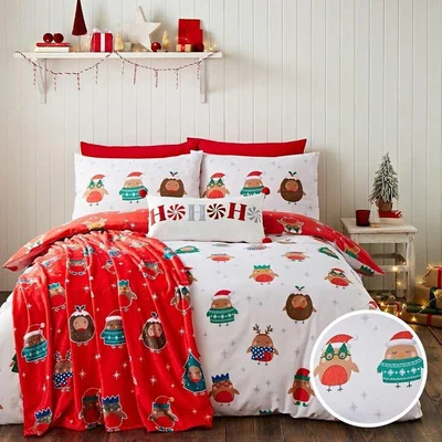La Redoute Christmas Party Robins Duvet Cover and Pillowcase Set