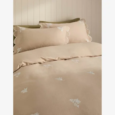Marks & Spencer M&S Pure Brushed Cotton Floral Embroidered Scallop Bedding Set Natural
