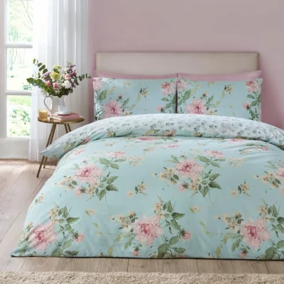Downtown Catherine Lansfield Avebury Floral Duvet Set - Duck Egg - Double