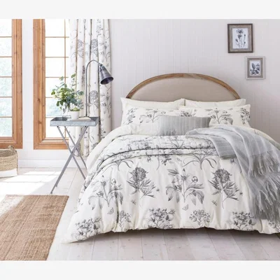 Downtown Sanderson Options Sanderson Option Etchings and Roses Silver Duvet Set - Double, Cotton, Embroidered