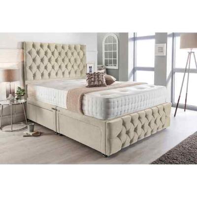 The Range Merina Divan Bed Set with Tall Headboard Mattress-Chenille Fabric, Non Storage - Cream / Yellow / Superking / Super King