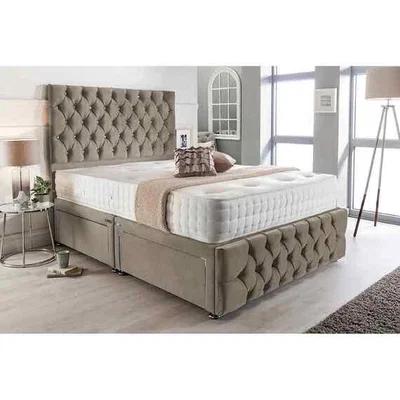 The Range Merina Divan Bed Set with Tall Headboard Mattress-Plush, 2 Drawers Right Side - Mink / Red / Single