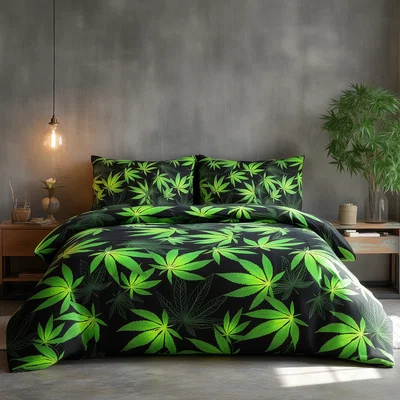 The Range Duvet Cover And Pillowcase Set Black Or White Cannabis Design Polycotton Bed Linen - Black / Superking