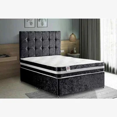 The Range Delia Divan Bed Set with Headboard Mattress-Crushed Fabric,2 Drawers Left Side - Black / King