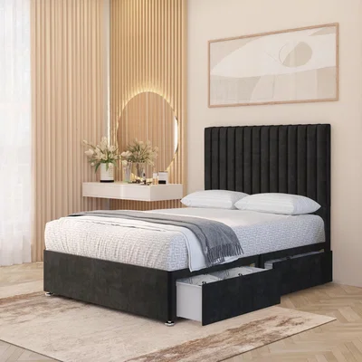The Range Verona Velvet 4000 Pacific Pocket Sprung Memory Foam Divan Bed Set 54" Headboard - Black / Double / 2 Drawers