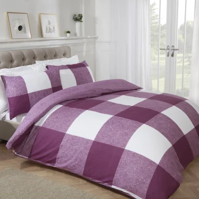 The Range Luxury Gingham Check Plain Reversible Duvet Cover With Pillowcases - Plum