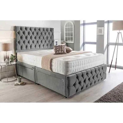 The Range Merina Divan Bed Set with Tall Headboard Mattress-Plush, 2 Drawers Right Side - Steel / Grey / King
