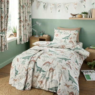 The Range Scandi Saurus Dinosaurs Reversible Duvet Cover Bedding Set - Ivory / Junior