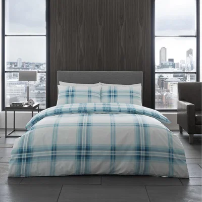 The Range Luxury Reversible Polycotton Bardsley Check Duvet Cover and Pillowcase Set - Teal / King size