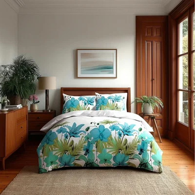 The Range Duvet Cover And Pillowcase Set Lily Flower Design Bed Linen - Teal / Single