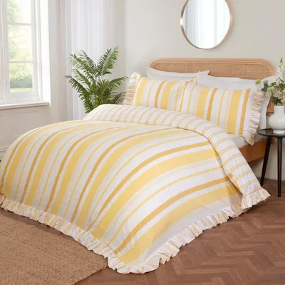 The Range Maya Stripe Polycotton Reversible Duvet Cover Set with Pillowcase - Yellow / King