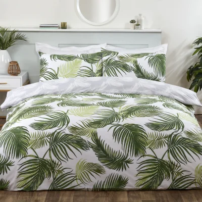 The Range Polycotton Floral Palm Print Reversible Duvet Cover With Pillowcase - Green