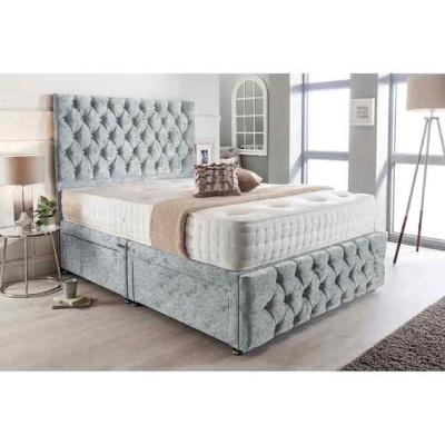 The Range Merina Divan Bed Set with Tall Headboard Mattress-Crushed Fabric, Non Storage - Grey / Silver / Single