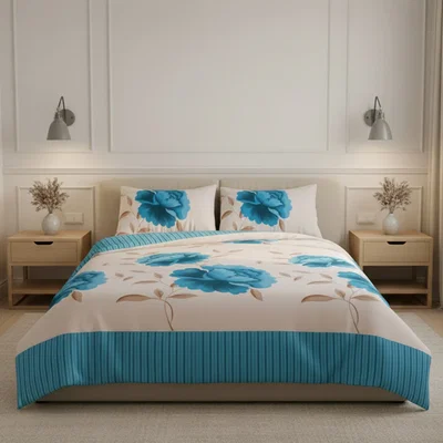 The Range Reversible Floral Duvet Set Elegant Flower Stripe Pattern Bedding for Home Decor - Teal / Superking