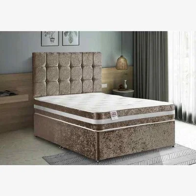 The Range Delia Divan Bed Set with Headboard Mattress-Plush Fabric, 2 Drawers Right Side - Mink / Red / Double