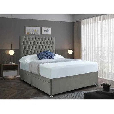 The Range Jemma Divan Bed Set with Headboard Mattress-Plush Fabric, 2 Drawers Right Side - Steel / Grey / Single